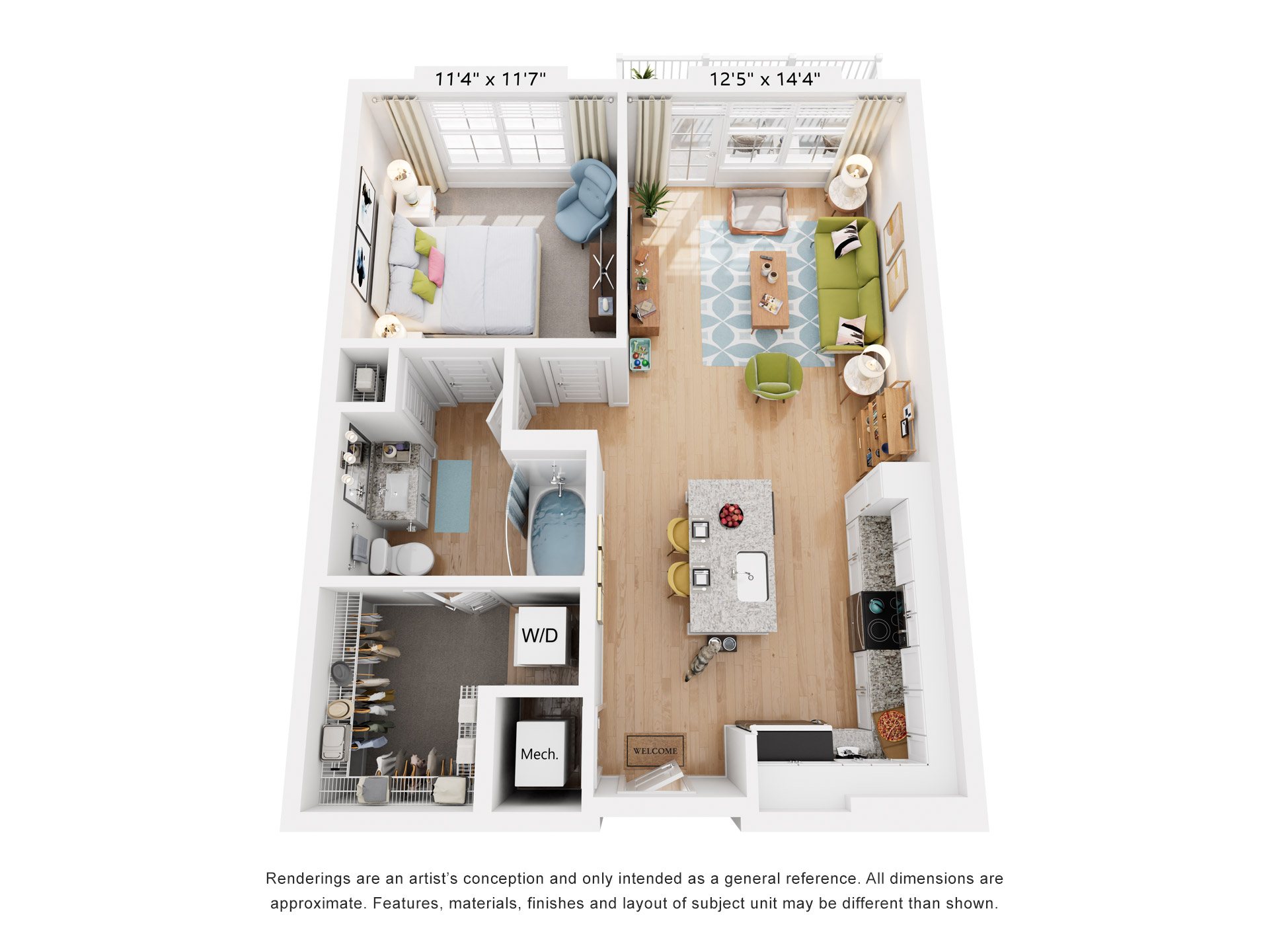 Floor plan for 1 bed, 1 bath, 705 sqft